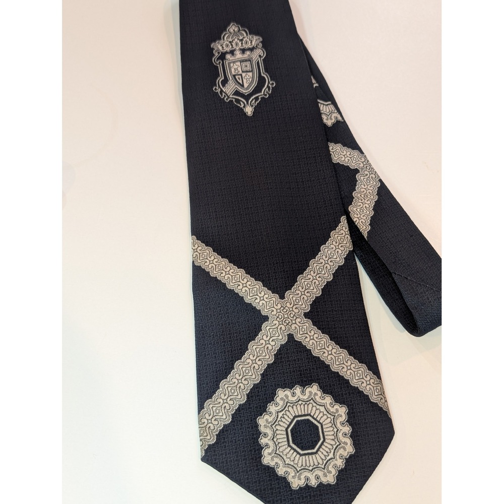 Vintage Mens Navy Blue Crest Medallion Embroidered Tie Dark Academia Menswear